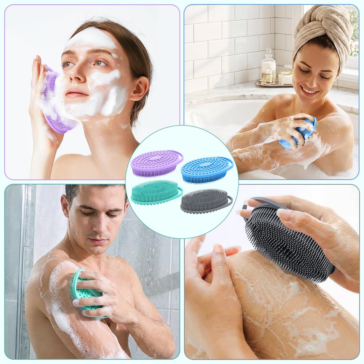 Double-Sided Silicone Body Scrubber 4 Pack – Soft Exfoliating Loofah for Men & Women, Quick Foaming Body Wash Scrubber with Hanging Handle (4 Colors) - görsel 11