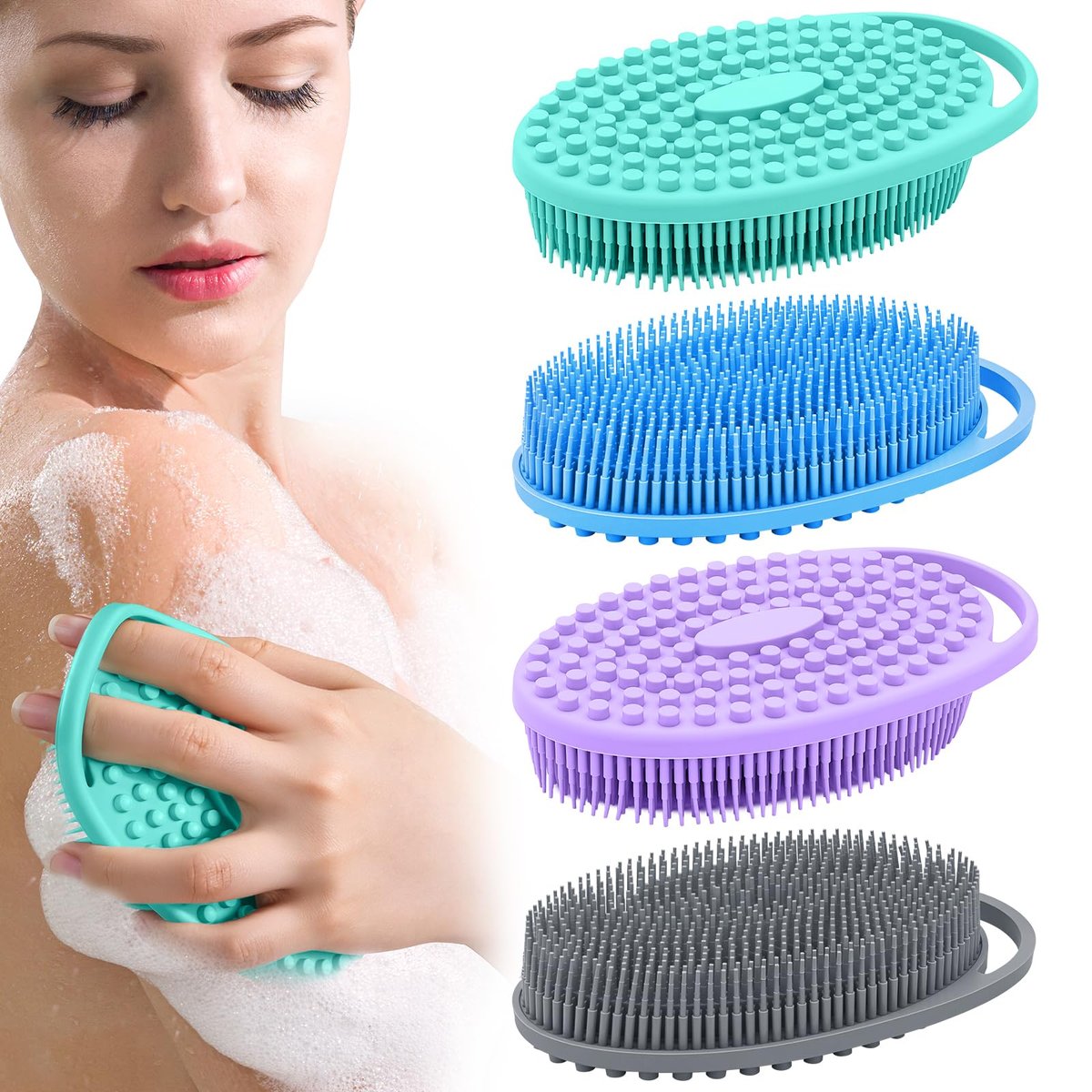 Double-Sided Silicone Body Scrubber 4 Pack – Soft Exfoliating Loofah for Men & Women, Quick Foaming Body Wash Scrubber with Hanging Handle (4 Colors) - görsel 1