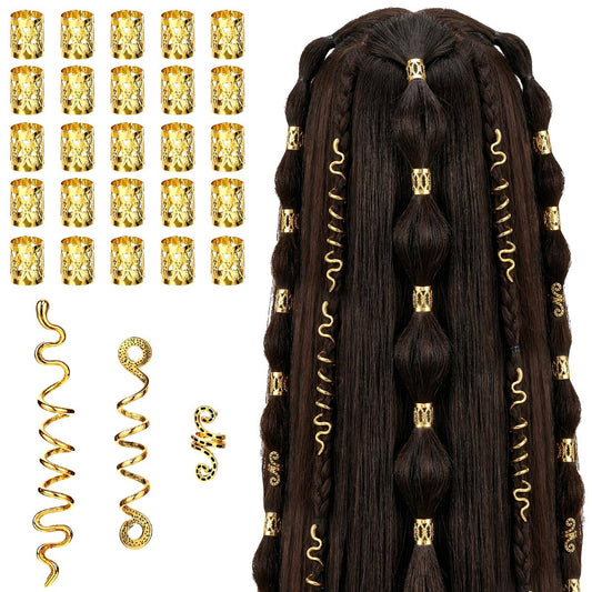 QFGasre 28-Piece Gold Hair Jewelry Set – Snake Hair Clips, Dreadlock Beads & Barrettes for Women, Braids Accessories, Valentines Day Gift