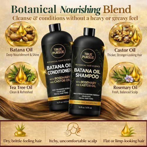 TRUÉ PURSUÉ Batana Oil Shampoo & Conditioner Set for Hair Growth Support – with Rosemary & Castor Oil – Sulfate-Free for Dry, Damaged & Thinning Hair – 16 fl oz Each Avelisse