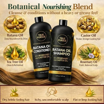TRUÉ PURSUÉ Batana Oil Shampoo & Conditioner Set for Hair Growth Support – with Rosemary & Castor Oil – Sulfate-Free for Dry, Damaged & Thinning Hair – 16 fl oz Each Avelisse