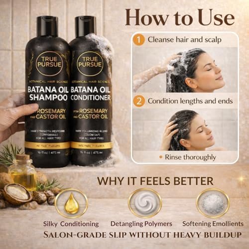 TRUÉ PURSUÉ Batana Oil Shampoo & Conditioner Set for Hair Growth Support – with Rosemary & Castor Oil – Sulfate-Free for Dry, Damaged & Thinning Hair – 16 fl oz Each Avelisse