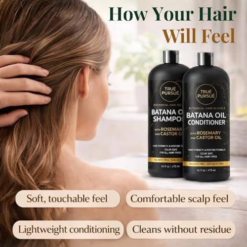 TRUÉ PURSUÉ Batana Oil Shampoo & Conditioner Set for Hair Growth Support – with Rosemary & Castor Oil – Sulfate-Free for Dry, Damaged & Thinning Hair – 16 fl oz Each Avelisse