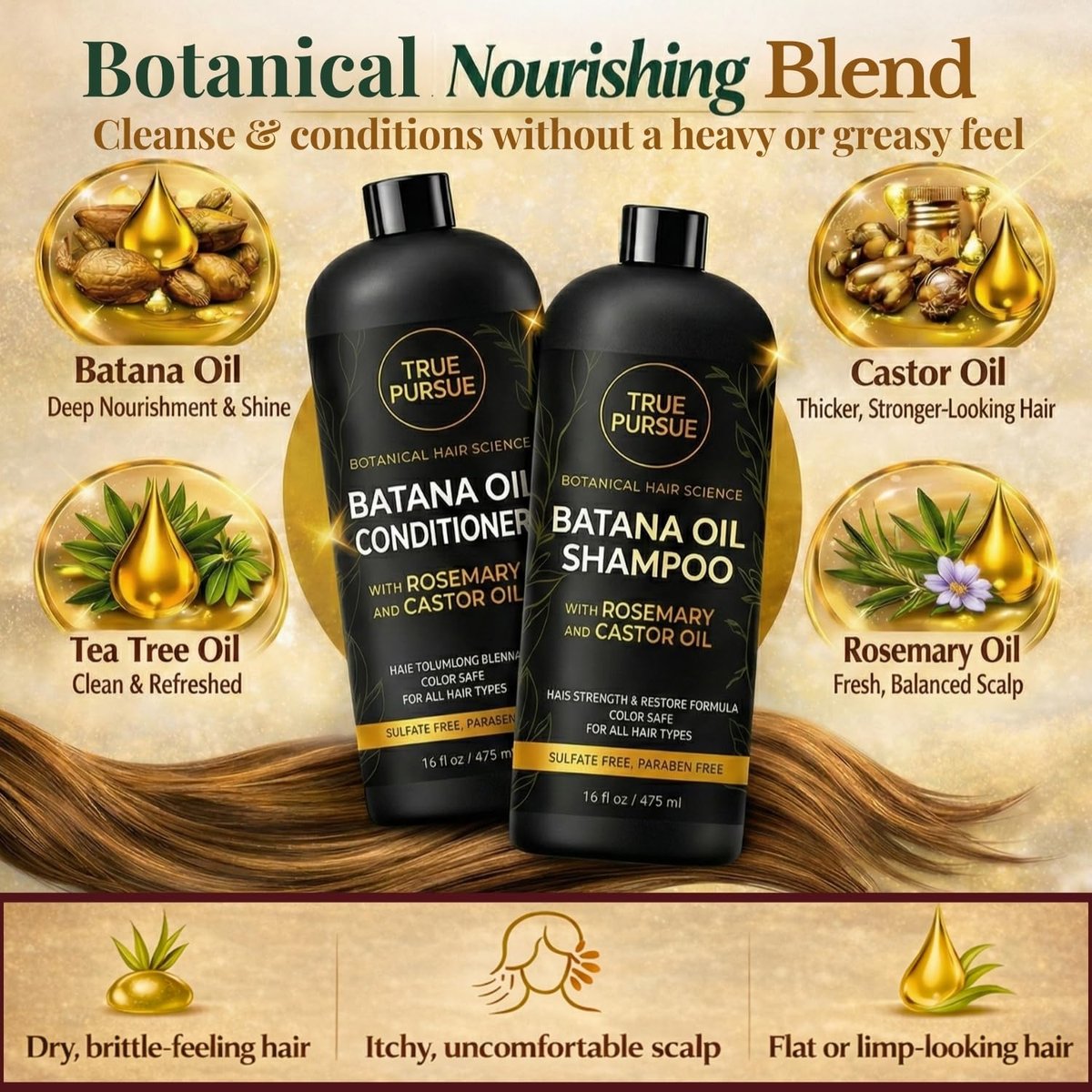TRUÉ PURSUÉ Batana Oil Shampoo & Conditioner Set for Hair Growth Support – with Rosemary & Castor Oil – Sulfate-Free for Dry, Damaged & Thinning Hair – 16 fl oz Each Avelisse