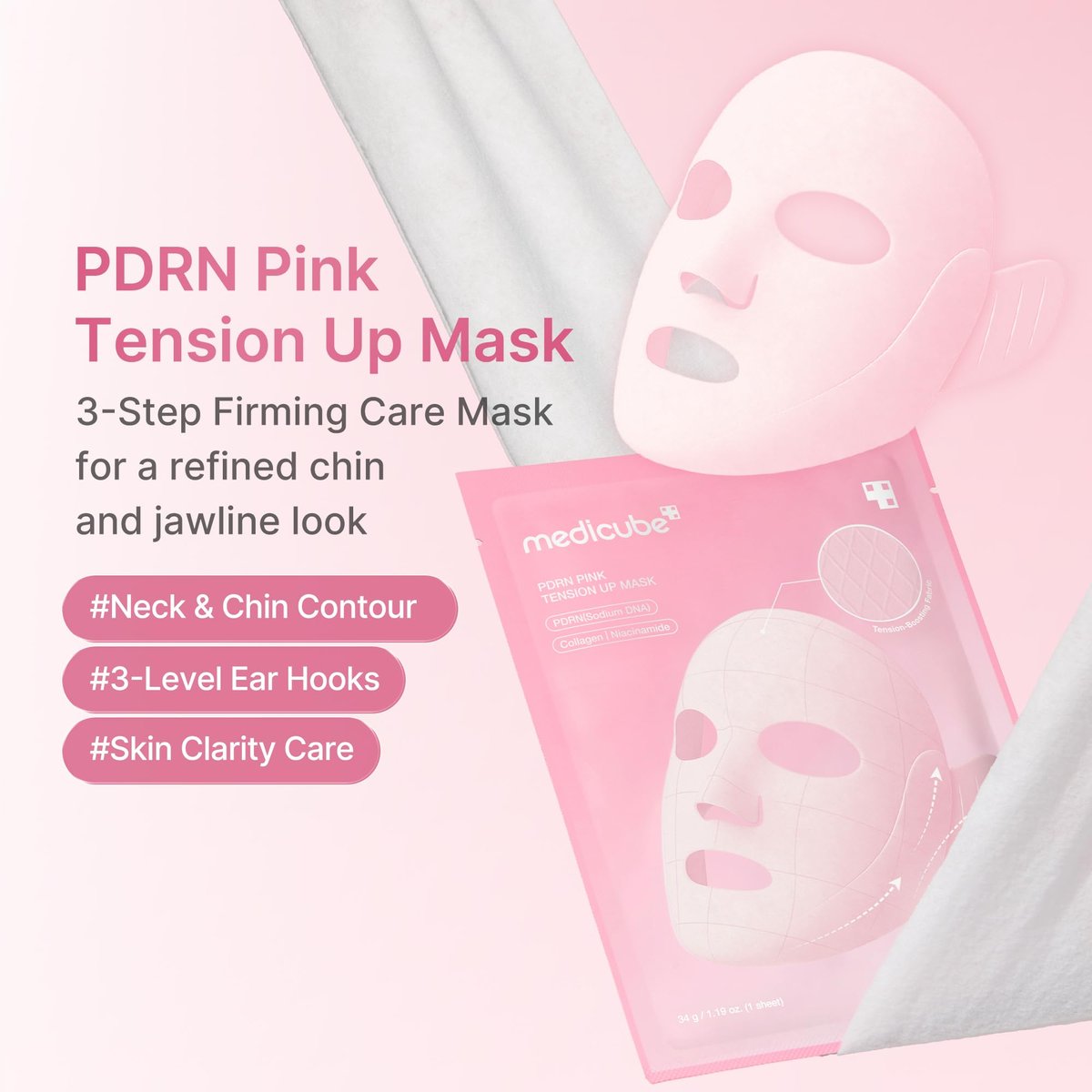 medicube PDRN Pink Tension Up Mask – 3-Step V-Line Sheet Mask for Contoured Chin & Jawline, Full-Face Firming with Salmon PDRN, NAD & Caffeine, Korean Skincare, 34g x 4ea + Tightening Band Avelisse