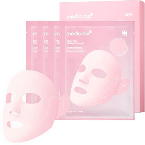 medicube PDRN Pink Tension Up Mask – 3-Step V-Line Sheet Mask for Contoured Chin & Jawline, Full-Face Firming with Salmon PDRN, NAD & Caffeine, Korean Skincare, 34g x 4ea + Tightening Band Avelisse