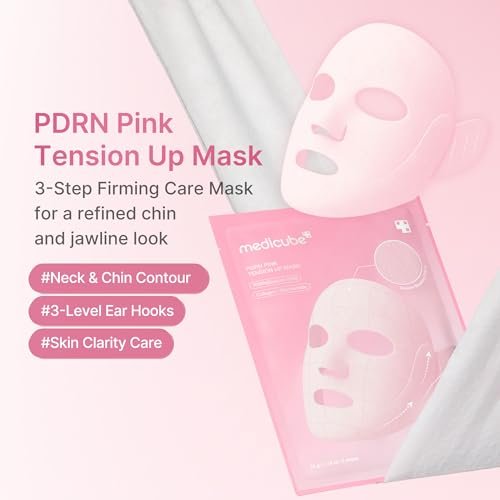 medicube PDRN Pink Tension Up Mask – 3-Step V-Line Sheet Mask for Contoured Chin & Jawline, Full-Face Firming with Salmon PDRN, NAD & Caffeine, Korean Skincare, 34g x 4ea + Tightening Band Avelisse