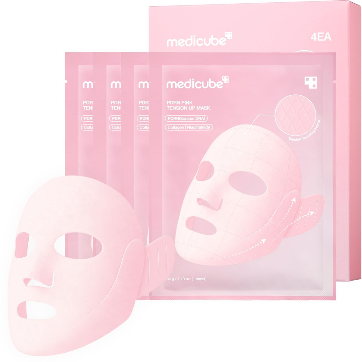 medicube PDRN Pink Tension Up Mask – 3-Step V-Line Sheet Mask for Contoured Chin & Jawline, Full-Face Firming with Salmon PDRN, NAD & Caffeine, Korean Skincare, 34g x 4ea + Tightening Band Avelisse