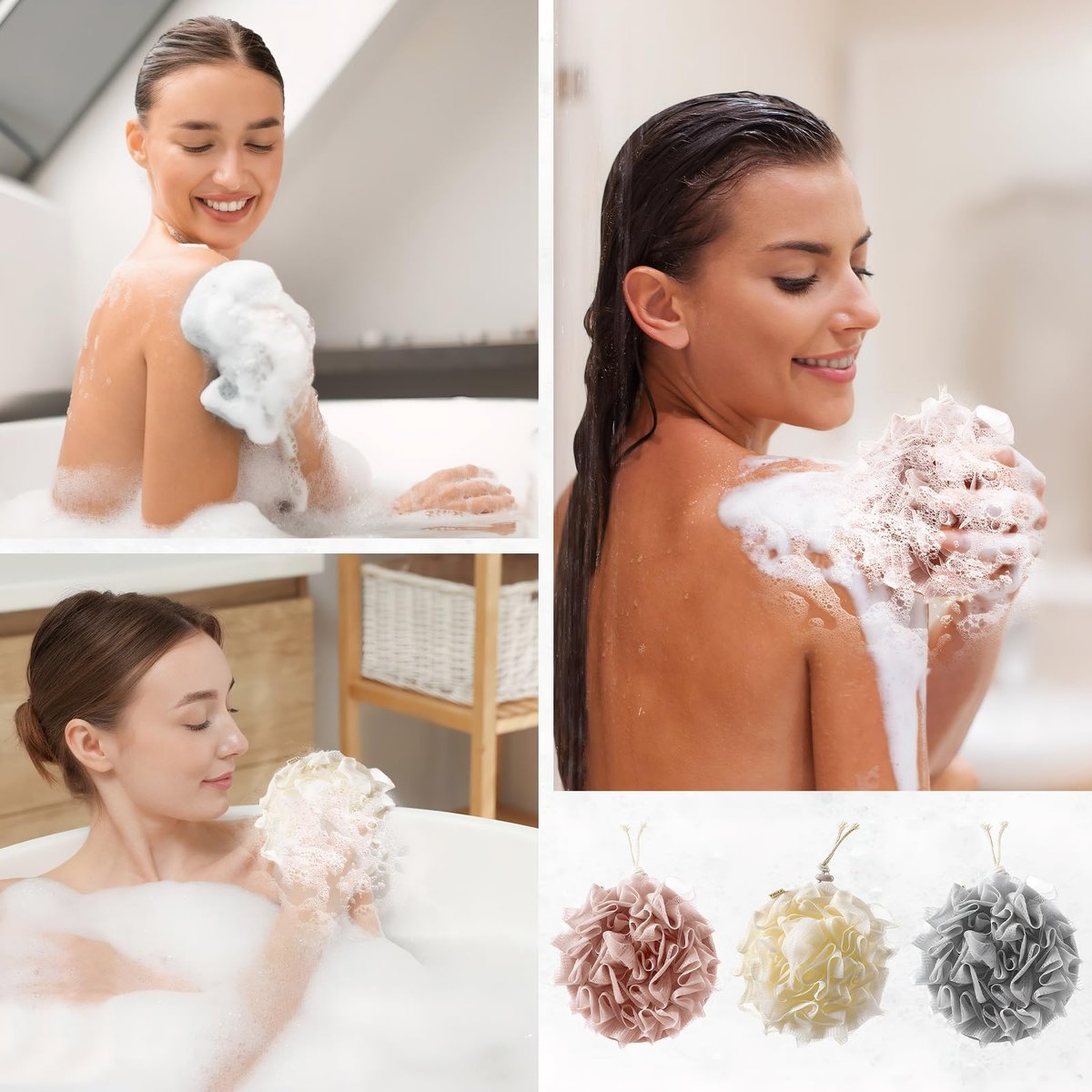 3 PCS Bar Soap Loofah Pouch - 2 in 1 Drawstring Loofah Soap Holder & Exfoliating Mesh Shower Ball for Cleansing and Smooth Skin (Beige+Grey+Pink) - görsel 11
