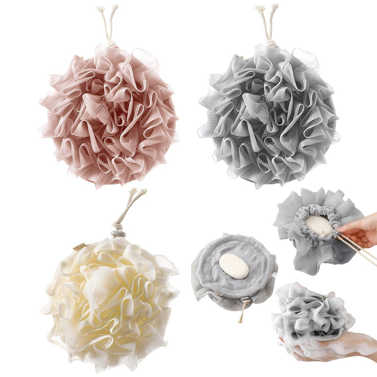 3 PCS Bar Soap Loofah Pouch - 2 in 1 Drawstring Loofah Soap Holder & Exfoliating Mesh Shower Ball for Cleansing and Smooth Skin (Beige+Grey+Pink) - görsel 1