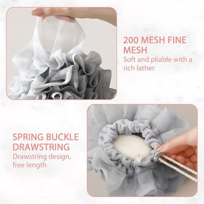 3 PCS Bar Soap Loofah Pouch - 2 in 1 Drawstring Loofah Soap Holder & Exfoliating Mesh Shower Ball for Cleansing and Smooth Skin (Beige+Grey+Pink)
