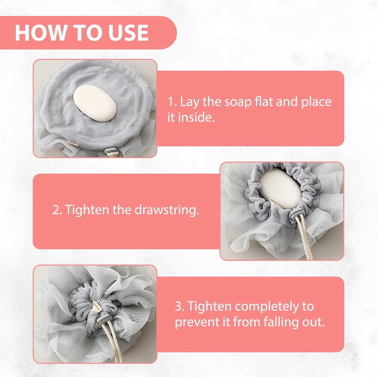 3 PCS Bar Soap Loofah Pouch - 2 in 1 Drawstring Loofah Soap Holder & Exfoliating Mesh Shower Ball for Cleansing and Smooth Skin (Beige+Grey+Pink) - görsel 7