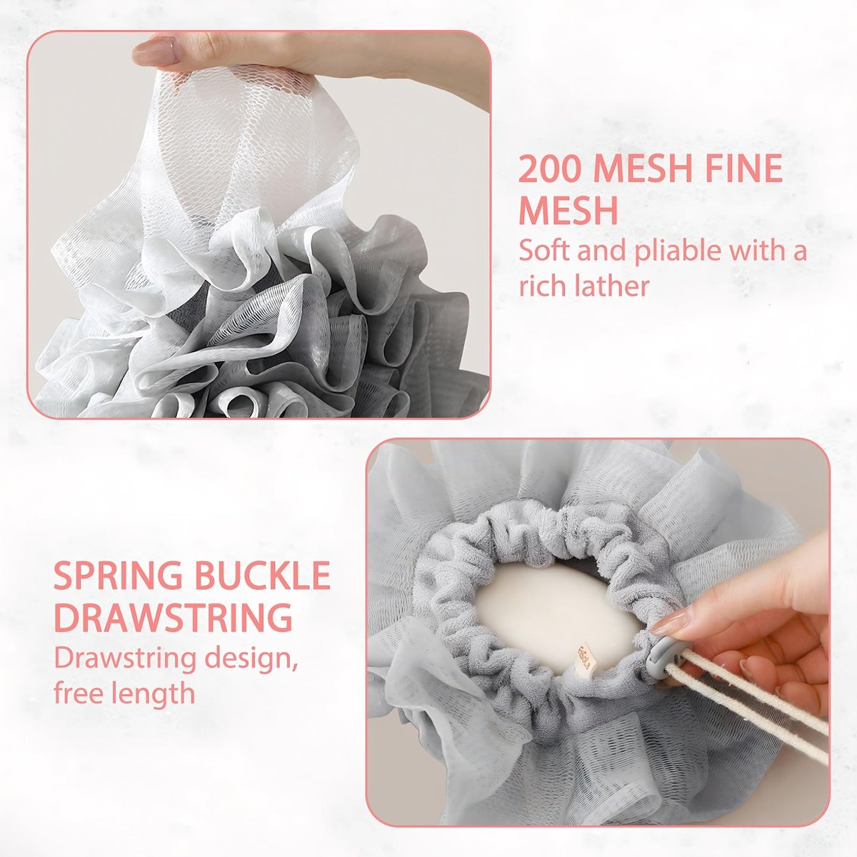 3 PCS Bar Soap Loofah Pouch - 2 in 1 Drawstring Loofah Soap Holder & Exfoliating Mesh Shower Ball for Cleansing and Smooth Skin (Beige+Grey+Pink) - görsel 5