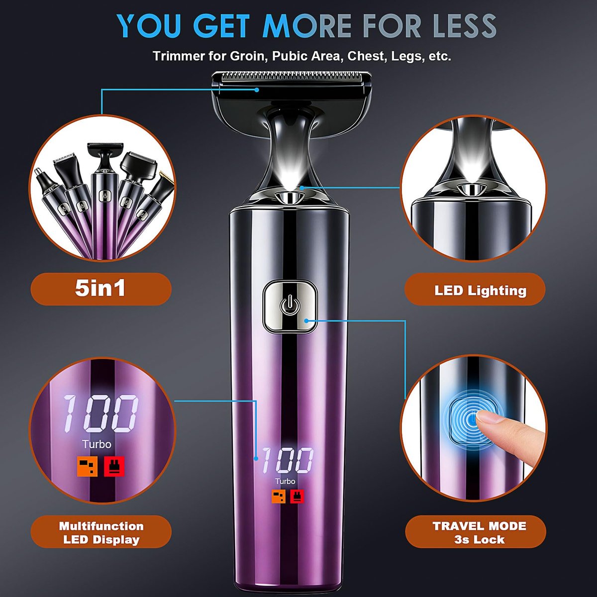 Back Shaver for Men with LED Display - 5 in 1 Rechargeable Body Groomer, Long Handle, Safety Lock, IPX7 Waterproof, Purple Avelisse