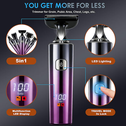 Back Shaver for Men with LED Display - 5 in 1 Rechargeable Body Groomer, Long Handle, Safety Lock, IPX7 Waterproof, Purple Avelisse