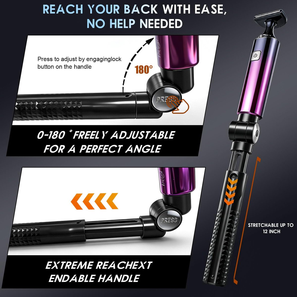 Back Shaver for Men with LED Display - 5 in 1 Rechargeable Body Groomer, Long Handle, Safety Lock, IPX7 Waterproof, Purple Avelisse