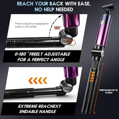 Back Shaver for Men with LED Display - 5 in 1 Rechargeable Body Groomer, Long Handle, Safety Lock, IPX7 Waterproof, Purple Avelisse