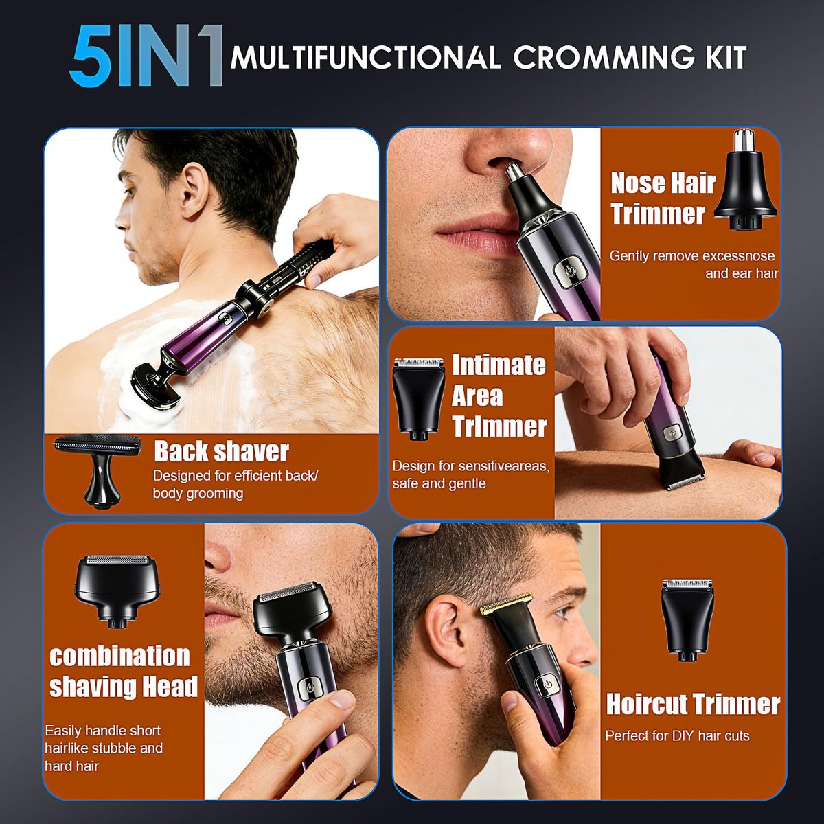 Back Shaver for Men with LED Display - 5 in 1 Rechargeable Body Groomer, Long Handle, Safety Lock, IPX7 Waterproof, Purple Avelisse