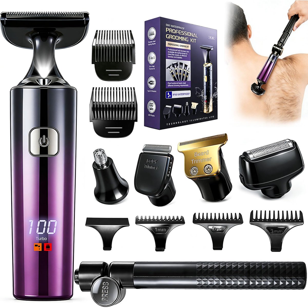 Back Shaver for Men with LED Display - 5 in 1 Rechargeable Body Groomer, Long Handle, Safety Lock, IPX7 Waterproof, Purple Avelisse