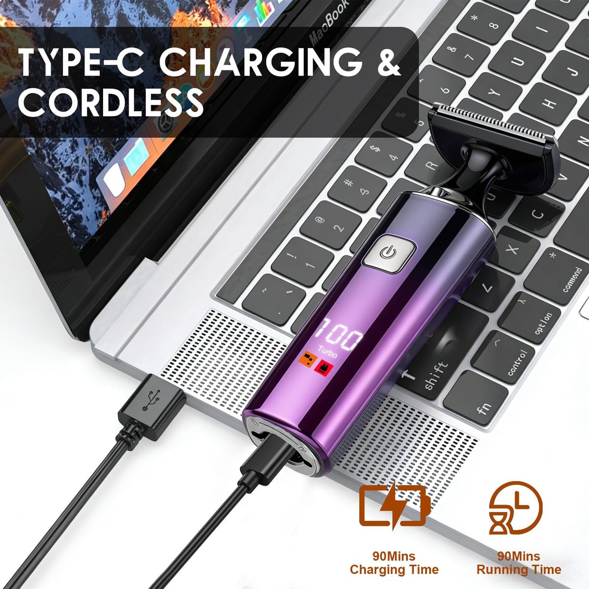 Back Shaver for Men with LED Display - 5 in 1 Rechargeable Body Groomer, Long Handle, Safety Lock, IPX7 Waterproof, Purple Avelisse