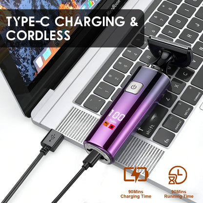 Back Shaver for Men with LED Display - 5 in 1 Rechargeable Body Groomer, Long Handle, Safety Lock, IPX7 Waterproof, Purple Avelisse