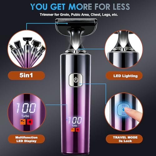 Back Shaver for Men with LED Display - 5 in 1 Rechargeable Body Groomer, Long Handle, Safety Lock, IPX7 Waterproof, Purple Avelisse