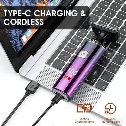 Back Shaver for Men with LED Display - 5 in 1 Rechargeable Body Groomer, Long Handle, Safety Lock, IPX7 Waterproof, Purple Avelisse