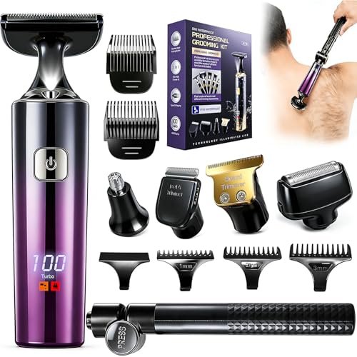 Back Shaver for Men with LED Display - 5 in 1 Rechargeable Body Groomer, Long Handle, Safety Lock, IPX7 Waterproof, Purple Avelisse