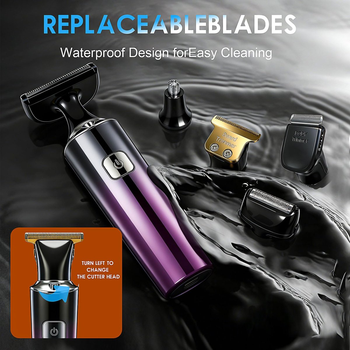 Back Shaver for Men with LED Display - 5 in 1 Rechargeable Body Groomer, Long Handle, Safety Lock, IPX7 Waterproof, Purple Avelisse