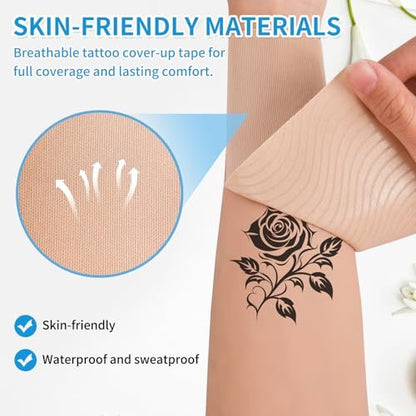 Waterproof & Sweat-Resistant Tattoo Cover Up Tape – Light Tan Skin Tone, 2 Rolls, 4"x16.4ft, Cuttable Cover Up Patches for Tattoos, Scars & Birthmarks Avelisse