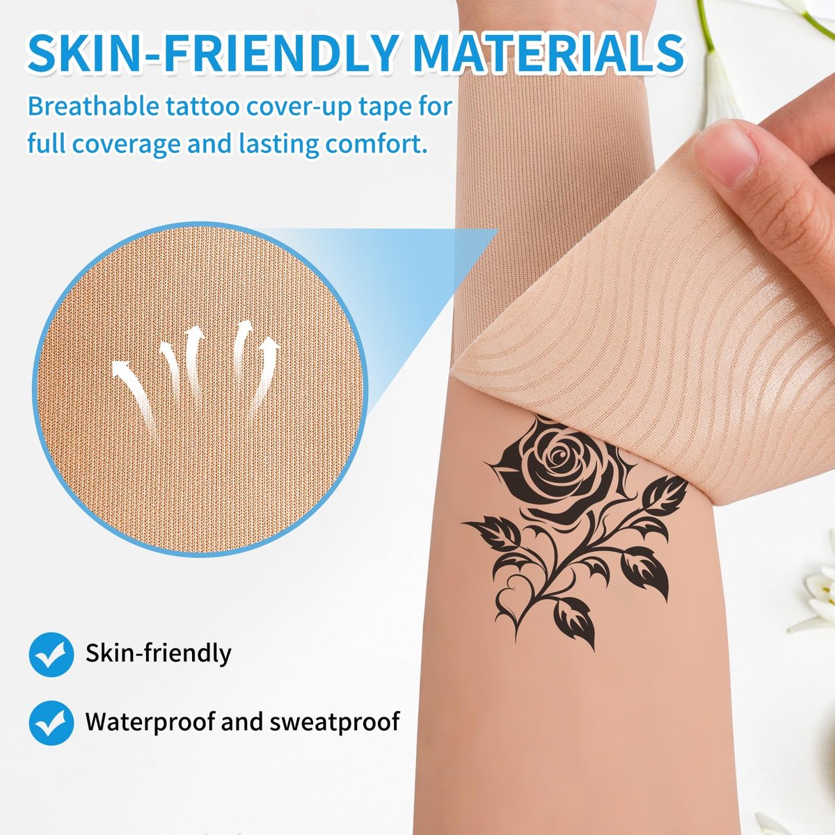 Waterproof & Sweat-Resistant Tattoo Cover Up Tape – Light Tan Skin Tone, 2 Rolls, 4"x16.4ft, Cuttable Cover Up Patches for Tattoos, Scars & Birthmarks Avelisse