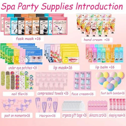 224PCS Spa Party Supplies for Girls - Complete Facial Skin Care Set with Face Masks, Hand Cream, Lip Mask, Foot Bath Bombs, and Face Cream for Birthday Sleepover Parties Avelisse