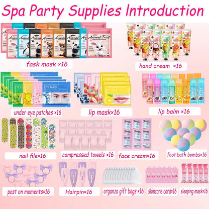 224PCS Spa Party Supplies for Girls - Complete Facial Skin Care Set with Face Masks, Hand Cream, Lip Mask, Foot Bath Bombs, and Face Cream for Birthday Sleepover Parties Avelisse