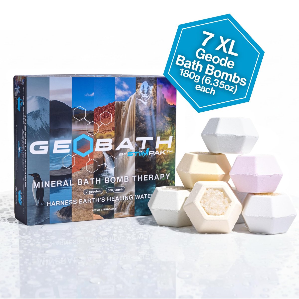 GeoBath Magnesium & Epsom Salt Natural Mineral Bath Bombs – XL 180g – Dye & Fragrance Free – Muscle Relief & Skin Care – Inspired by Healing Hot Springs – 7 Pack Avelisse
