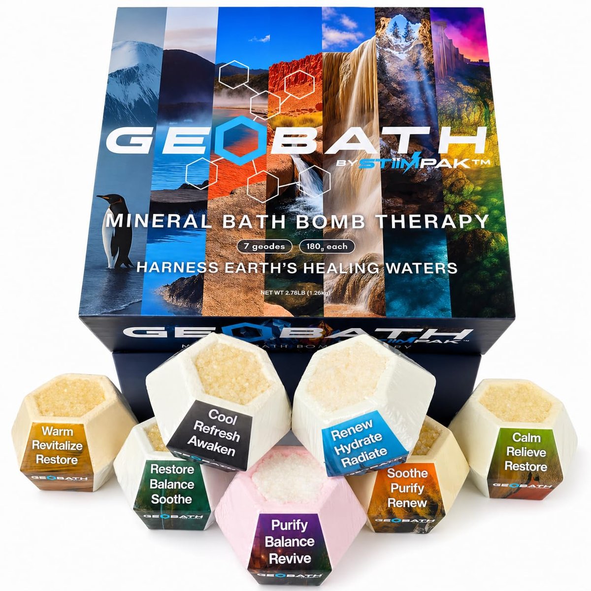 GeoBath Magnesium & Epsom Salt Natural Mineral Bath Bombs – XL 180g – Dye & Fragrance Free – Muscle Relief & Skin Care – Inspired by Healing Hot Springs – 7 Pack Avelisse