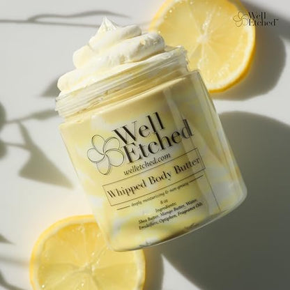 Lemon Meringue Body Butter - Handcrafted Whipped Shea & Mango Butter, Fast Absorbing Natural Moisturizer for Dry Skin, Eczema, Stretch Marks, After Sun - 8 fl oz
