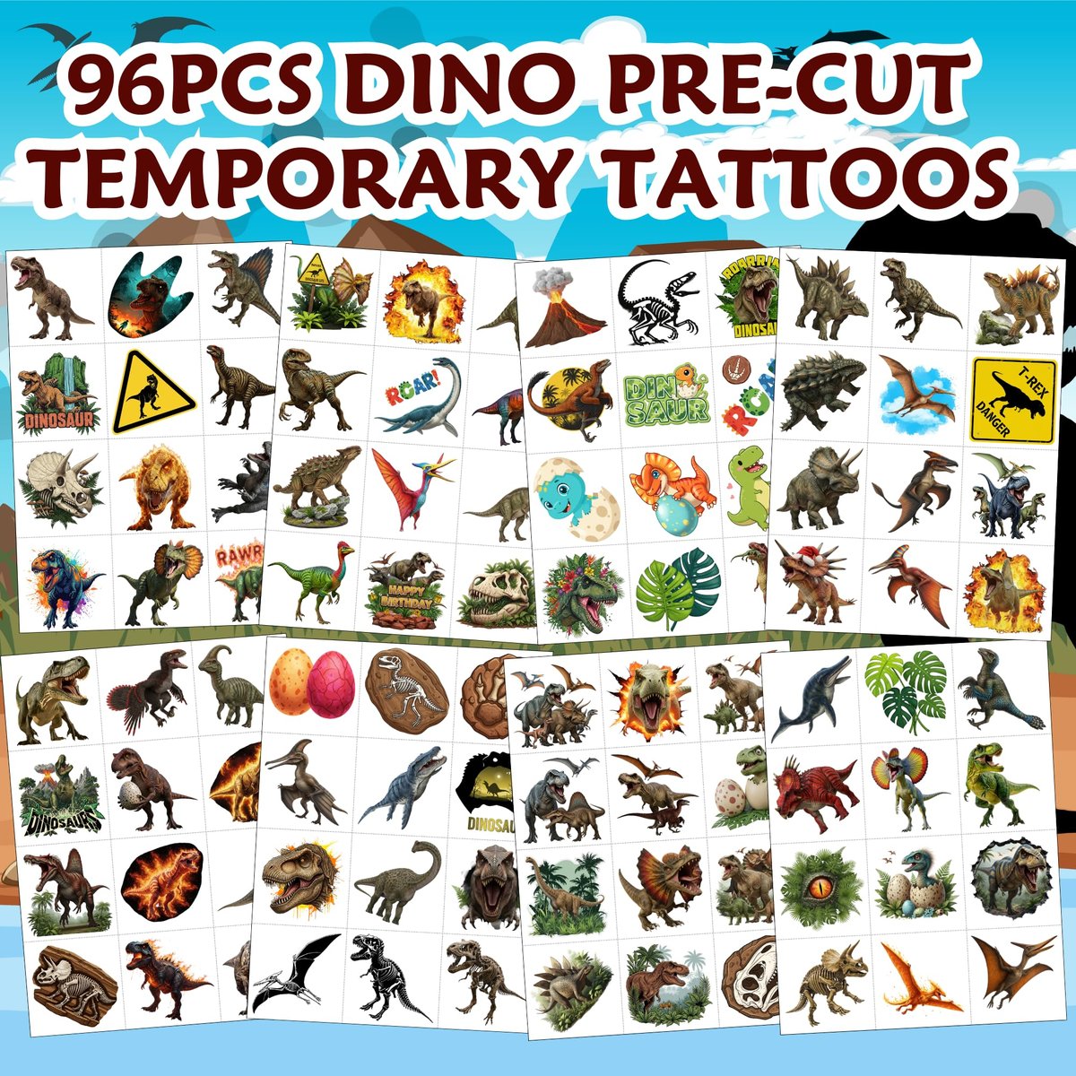 96-Piece Dinosaur Temporary Tattoos for Kids – Dinosaur Birthday Party Favors, Decorations, and Classroom Prizes - görsel 5