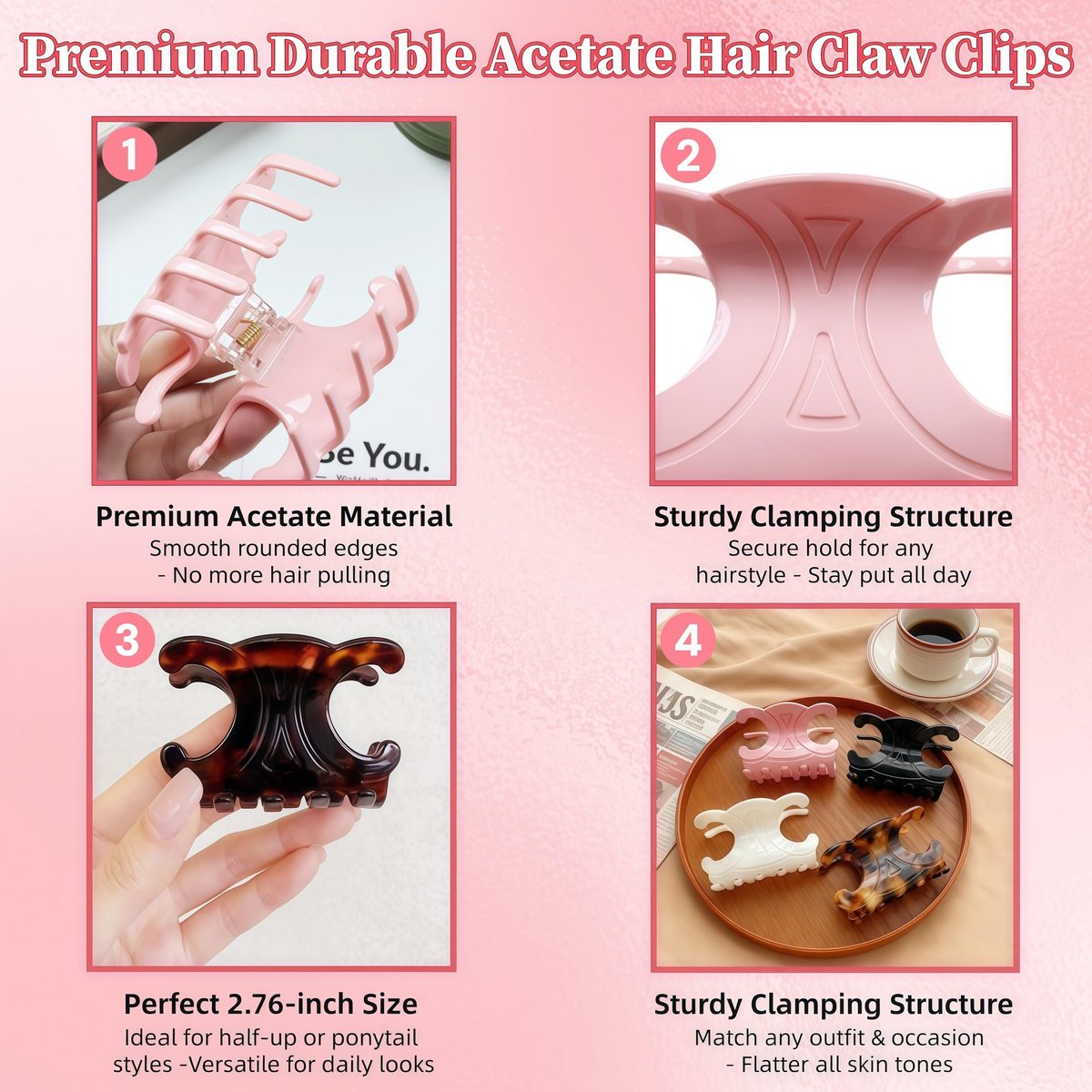 Premium Durable Acetate Butterfly Hair Clips, Celine Hair Clip, 4 Pack Medium Size Acetate Hair Claw Clips with Secure Hold, Perfect for Updos (2.76 x 1.66 in) Avelisse