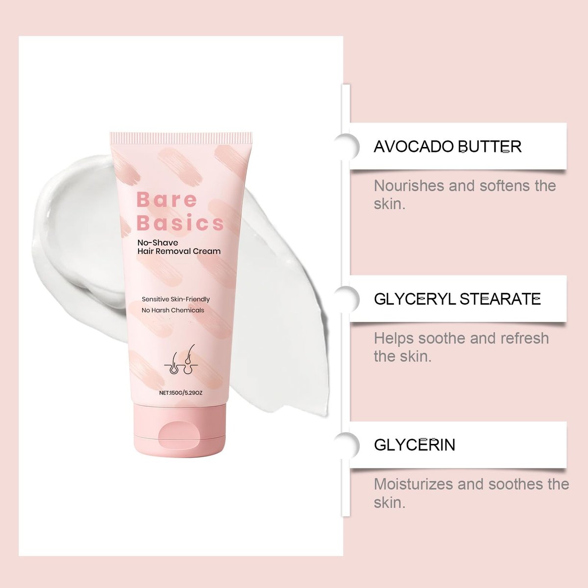 Bare Basic Hair Removal Cream for Women – Gentle No-Shave Depilatory with Vitamin E & B5, Moisturizing Formula, 5.29 Fl Oz Avelisse