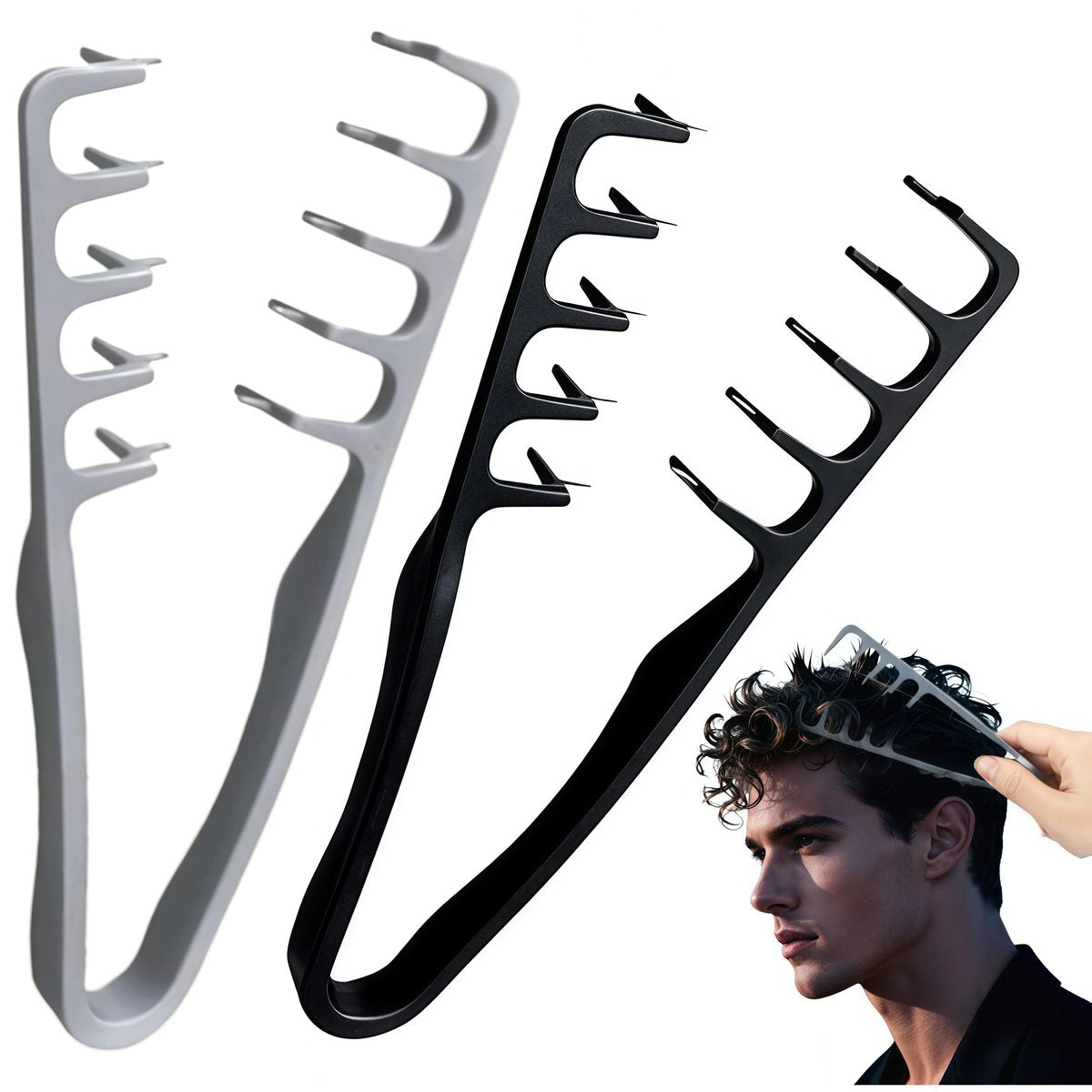 2-Piece Texture Comb Set – Volumizing Wide-Tooth Hair Comb for Men & Women, Wooden Styling Tool for Fluffy, Layered Hairstyles, Waves & Natural Bangs (Grey + Black) - görsel 1