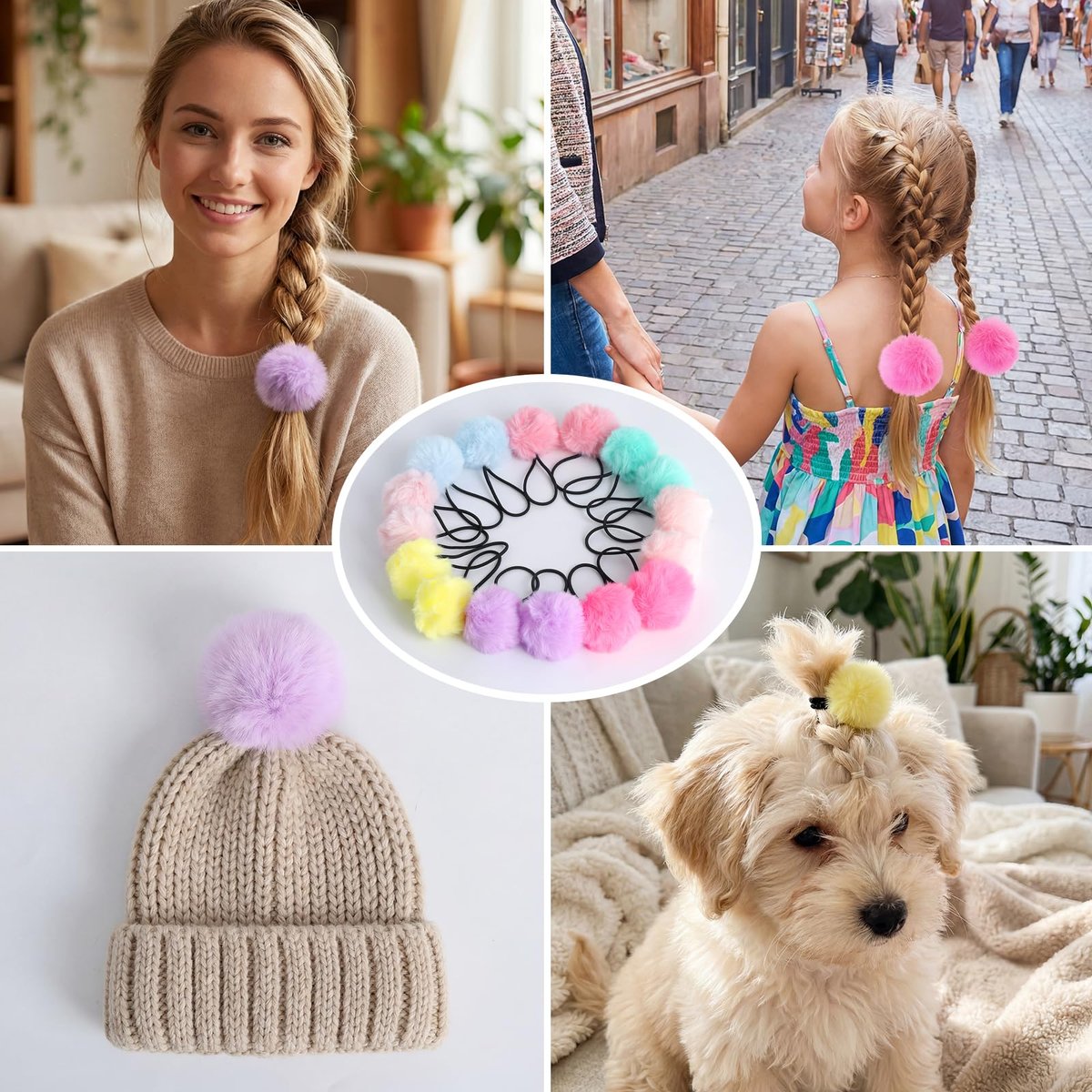 16-Piece Pom Pom Hair Ties – Multicolor Ball Scrunchies for Girls & Women, 2-Inch Elastic Holders - görsel 9