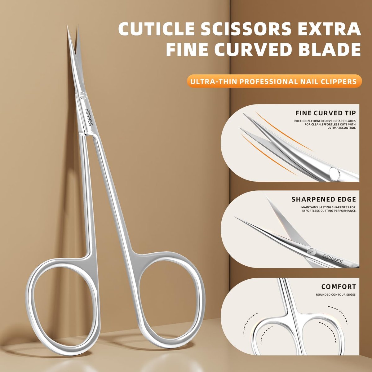 ESSBES Extra Fine Curved Blade Stainless Steel Scissors for Facial Hair, Cuticle, Eyebrow, Mustache & Nose Hair - Precision Grooming for Men & Women - görsel 5