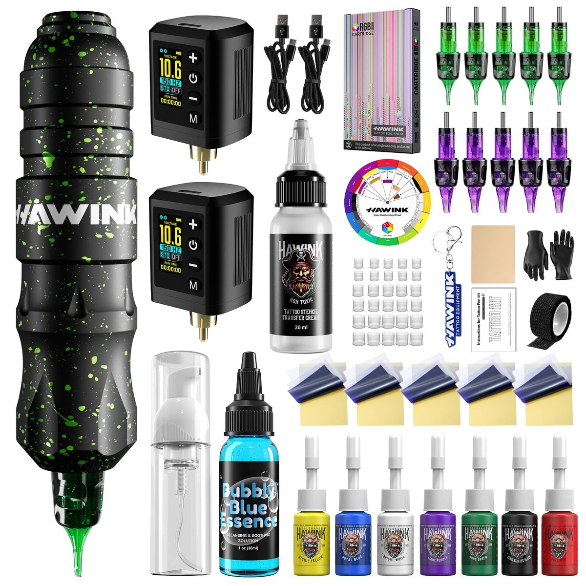 HAWINK Tattoo Gun Kit: Complete Setup with LCD Power Supply, 1600mAh Battery, 7 Inks & Stencil Transfer Gel Avelisse