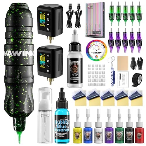 HAWINK Tattoo Gun Kit: Complete Setup with LCD Power Supply, 1600mAh Battery, 7 Inks & Stencil Transfer Gel Avelisse
