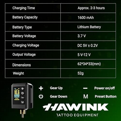 HAWINK Tattoo Gun Kit: Complete Setup with LCD Power Supply, 1600mAh Battery, 7 Inks & Stencil Transfer Gel Avelisse