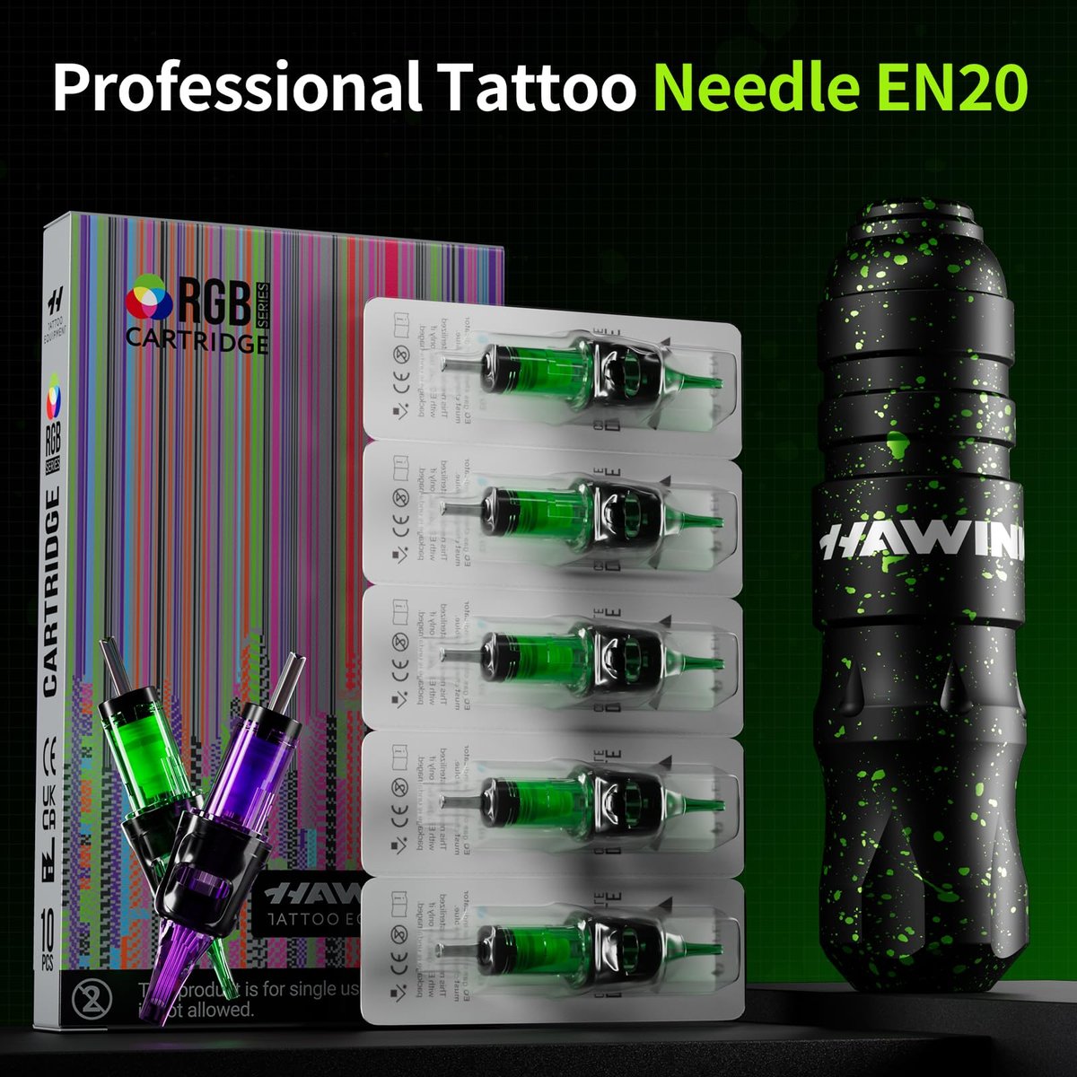 HAWINK Tattoo Gun Kit: Complete Setup with LCD Power Supply, 1600mAh Battery, 7 Inks & Stencil Transfer Gel Avelisse