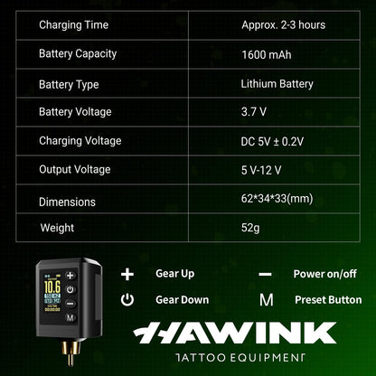 HAWINK Tattoo Gun Kit: Complete Setup with LCD Power Supply, 1600mAh Battery, 7 Inks & Stencil Transfer Gel Avelisse