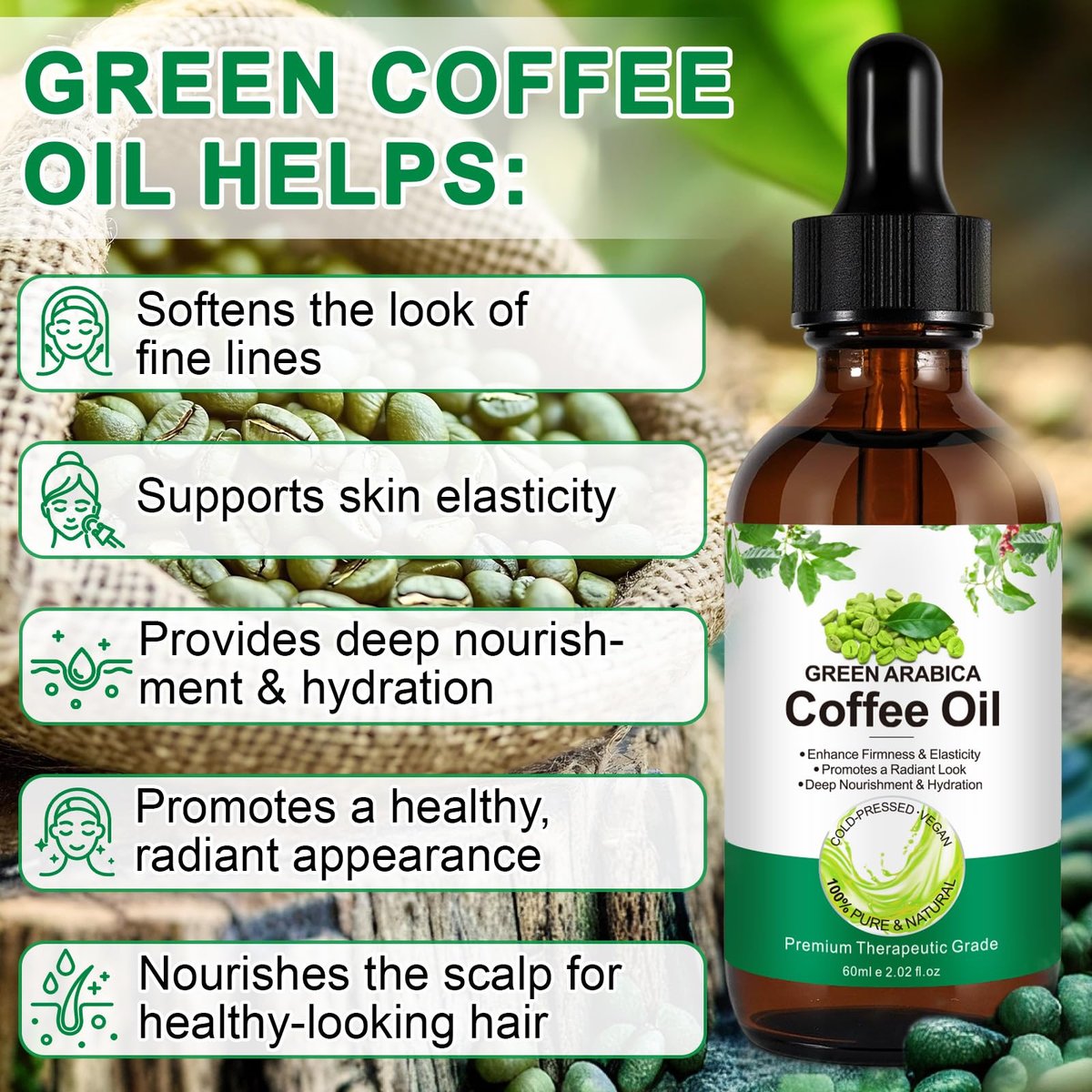 Green Arabica Coffee Oil - 100% Pure & Natural for Face, Body & Hair | Enhances Firmness & Elasticity | Daily Skincare Essential Oil for Deep Nourishment & Hydration - 60ml Avelisse