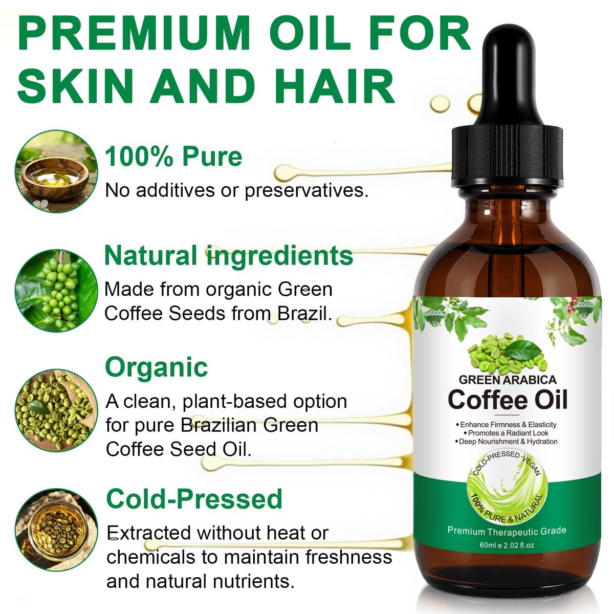 Green Arabica Coffee Oil - 100% Pure & Natural for Face, Body & Hair | Enhances Firmness & Elasticity | Daily Skincare Essential Oil for Deep Nourishment & Hydration - 60ml Avelisse