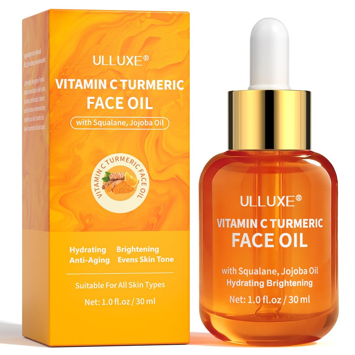 Vitamin C Turmeric Face Oil - Brightening & Hydrating Facial Oil with Jojoba Oil & Squalane for Dark Spots, Dry Skin, Wrinkles & Uneven Skin Tone, All Skin Types, 1 Fl Oz Avelisse